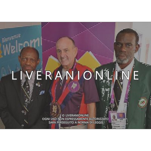 The Mayor of the Olympic Athletes village Sir Charles Allen (centre) with Denzil Douglas the Prime Minister and President Alphonso Bridgewater (right) of St Kitts \' Nevis, before their trip around the Olympic Athletes village, in Stratford east London. /PHOTOSHOT/ALDO LIVERANI ITALY ONLY -