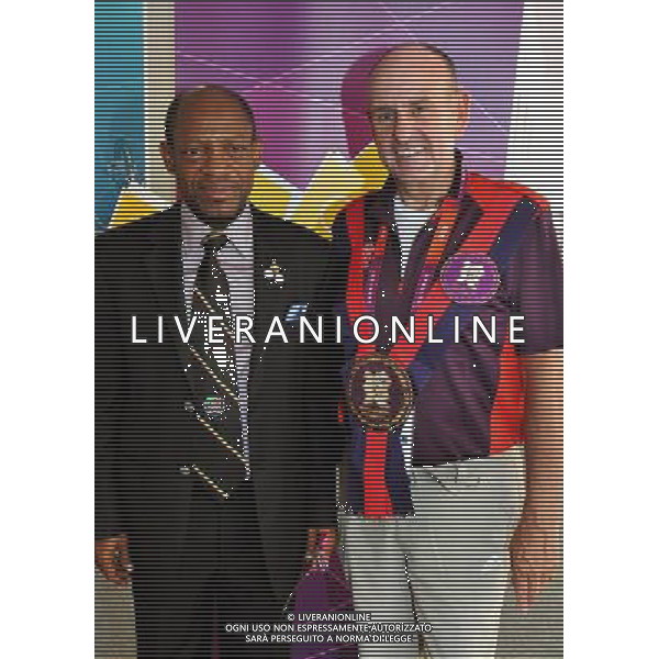 The Mayor of the Olympic Athletes village Sir Charles Allen (right) with Denzil Douglas the Prime Minister of St Kitts \' Nevis, before his trip around the Olympic Athletes village, in Stratford east London. /PHOTOSHOT/ALDO LIVERANI ITALY ONLY -
