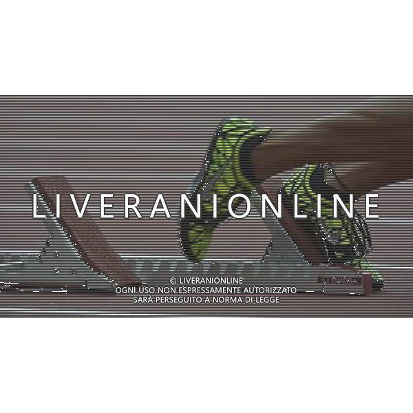Starting blocks with running shoes. Olympic Stadium, Olympic Park Stratford. London. ©PHOTOSHOT/Agenzia Aldo Liverani Sas - ITALY ONLY - GIOCHI OLIMPICI, OLIMPIADI LONDRA 2012