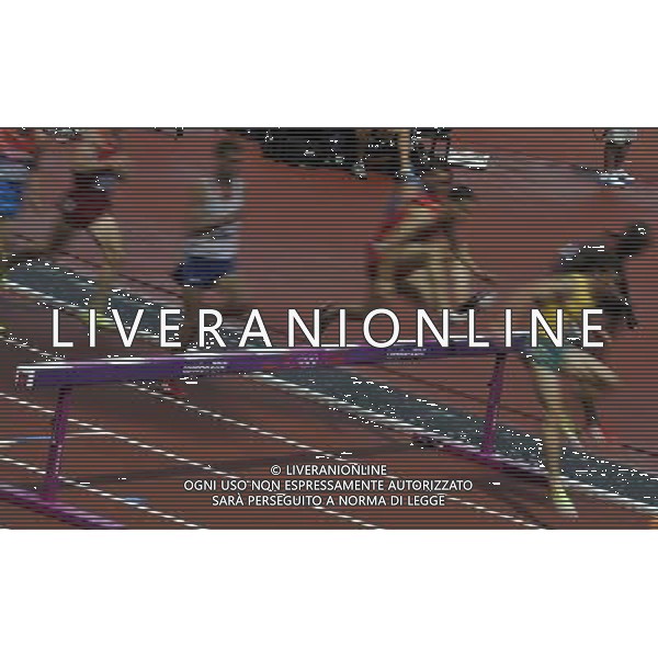 Athletes clearing a Barrier during the men\'s 3000m steeplechase. Olympic Stadium, Olympic Park Stratford. London. ©PHOTOSHOT/Agenzia Aldo Liverani Sas - ITALY ONLY - GIOCHI OLIMPICI, OLIMPIADI LONDRA 2012