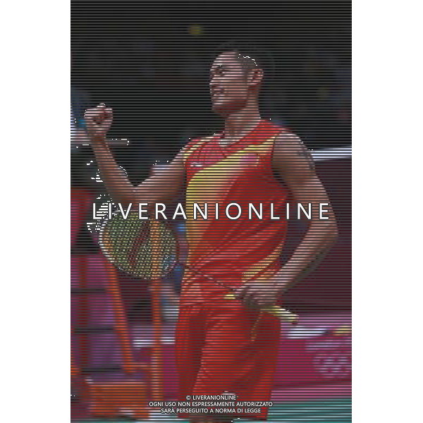 (120803) -- LONDON, Aug. 3, 2012 () -- Lin Dan of China celebrates after defeating Lee Hyun Il of South Korea during their men\'s singles semifinal match of badminton event at London 2012 Olympic Games, London, Britain, Aug. 3, 2012. Lin Dan won the match 2-0 and advanced to the final. (/Ren Zhenglai) ©PHOTOSHOT/Agenzia Aldo Liverani Sas - ITALY ONLY - GIOCHI OLIMPICI, OLIMPIADI LONDRA 2012