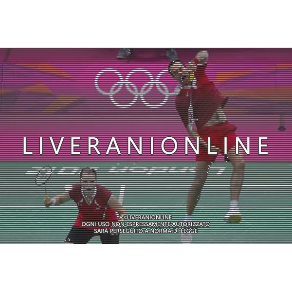 (120803) -- LONDON, Aug. 3, 2012 () -- Joachim Fischer/Christinna Pedersen of Denmark compete during badminton mixed doubles bronze medal contest, at London 2012 Olympic Games in London, Britain, on August 3, 2012. Joachim Fischer/Christinna Pedersen of Denmark defeated Tontowi Ahmad/Liliyana Natsir of Indonesia 2-0. (/Tang Shi) (nxl) ©PHOTOSHOT/Agenzia Aldo Liverani Sas - ITALY ONLY - GIOCHI OLIMPICI, OLIMPIADI LONDRA 2012