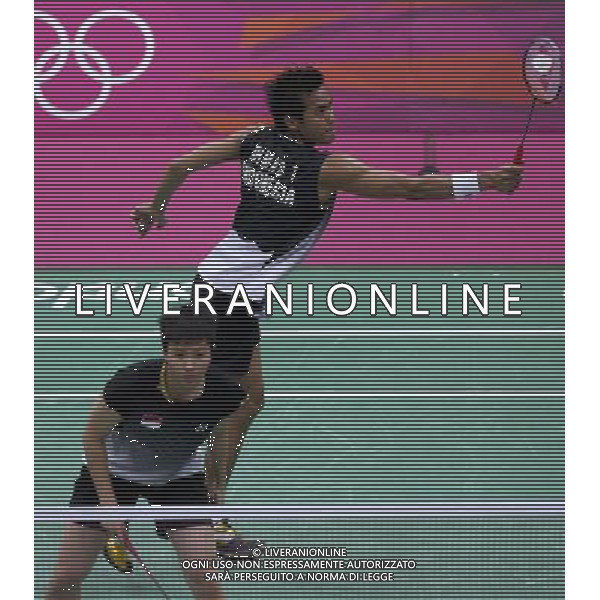 (120803) -- LONDON, Aug. 3, 2012 () -- Tontowi Ahmad/Liliyana Natsir of Indonesia compete during badminton mixed doubles bronze medal contest, at London 2012 Olympic Games in London, Britain, on August 3, 2012. Joachim Fischer/Christinna Pedersen of Denmark defeated Tontowi Ahmad/Liliyana Natsir of Indonesia 2-0. (/Tang Shi) (nxl) ©PHOTOSHOT/Agenzia Aldo Liverani Sas - ITALY ONLY - GIOCHI OLIMPICI, OLIMPIADI LONDRA 2012