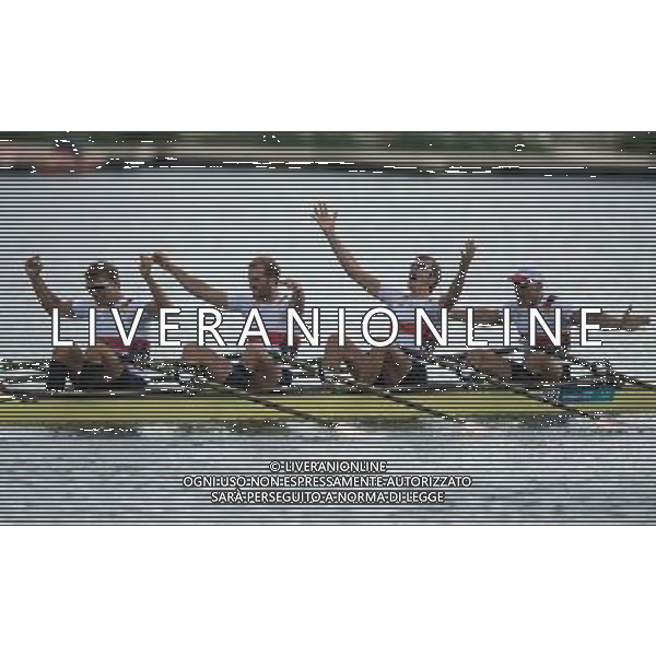 (120803) -- LONDON, Aug. 3, 2012 () -- Members of the German team celebrate after winning in men\'s quadruple sculls competition of rowing event, at London 2012 Olympic Games in London, Britain, on August 3, 2012. The German team won gold medal. (/Cheng Min) (nxl) ©PHOTOSHOT/Agenzia Aldo Liverani Sas - ITALY ONLY - GIOCHI OLIMPICI, OLIMPIADI LONDRA 2012