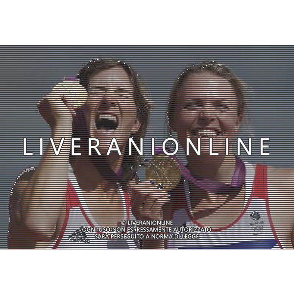 (120803) -- LONDON, Aug. 3, 2012 () -- Gold medalists Katherine Grainger (L) and Anna Watkins of Britain pose during victory ceremony of women\'s double sculls competition of rowing event, at London 2012 Olympic Games in London, Britain, on August 3, 2012. (/Wang Lili) (nxl) ©PHOTOSHOT/Agenzia Aldo Liverani Sas - ITALY ONLY - GIOCHI OLIMPICI, OLIMPIADI LONDRA 2012