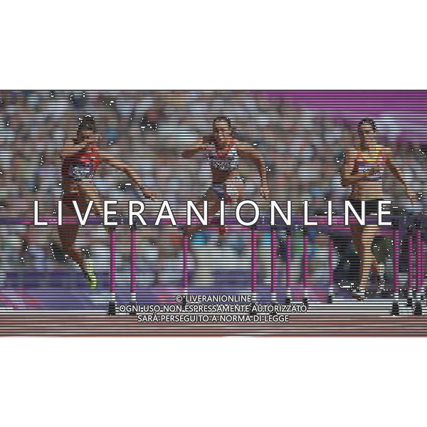 (120803) -- LONDON, Aug. 3, 2012 () -- Jessica Ennis (C) of Britain competes during 100m hurdles contest of women\'s heptathlon at London 2012 Olympic Games in London, Britain, August 3, 2012. (/Tao Xiyi) (zgp) ©PHOTOSHOT/Agenzia Aldo Liverani Sas - ITALY ONLY - GIOCHI OLIMPICI, OLIMPIADI LONDRA 2012