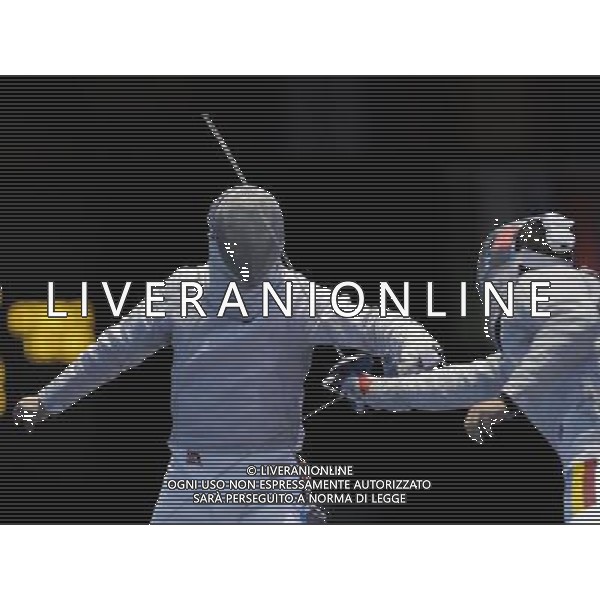 (120803) -- LONDON, Aug. 3, 2012 () -- Rares Dumitrescu (R) of Romania competes with Alexey Yakimenko of Russia during the semifinal match of men\'s team Sabre event at London 2012 Olympic Games in London, Britain, August 3, 2012. The Romanian team won the match and advanced to the final. (/Zeng Yi) ©PHOTOSHOT/Agenzia Aldo Liverani Sas - ITALY ONLY - GIOCHI OLIMPICI, OLIMPIADI LONDRA 2012