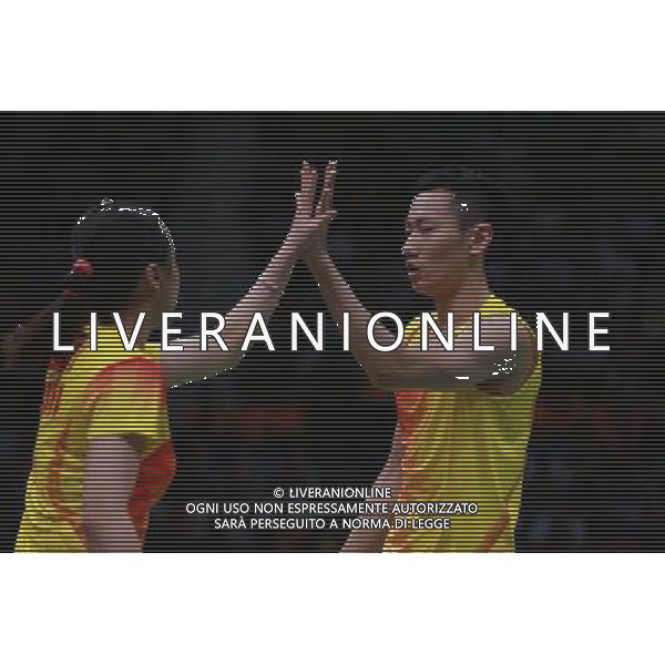(120803) -- LONDON, Aug. 3, 2012 () -- Zhang Nan and Zhao Yunlei of China take part in badminton mixed doubles gold medal competition, at London 2012 Olympic Games in London, Britain, on August 3, 2012. Zhang Nan and Zhao Yunlei of China won gold medal. (/Ren Zhenglai) (nxl) ©PHOTOSHOT/Agenzia Aldo Liverani Sas - ITALY ONLY - GIOCHI OLIMPICI, OLIMPIADI LONDRA 2012