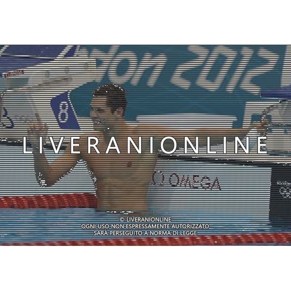 (120803) -- LONDON, Aug. 3, 2012 () -- Florent Manaudou of France reacts after men¡¯s 50m freestyle final of swimming competition, at London 2012 Olympic Games in London, Britain, August 3, 2012. Florent Manaudou of France won gold medal with 21.34.(/Yang Lei) (zgp) ©PHOTOSHOT/Agenzia Aldo Liverani Sas - ITALY ONLY - GIOCHI OLIMPICI, OLIMPIADI LONDRA 2012