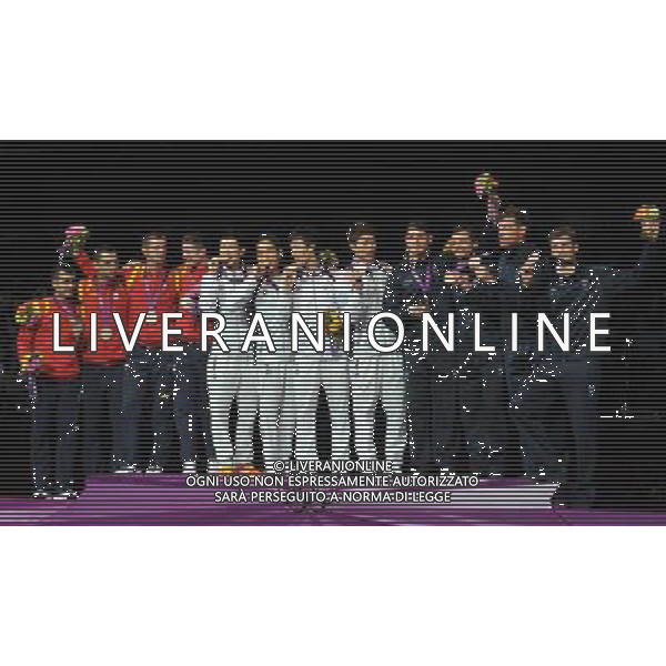 Londra, 03/08/2012. Olimpiadi London 2012. Scherma. L\' Italia battendo la russia vince la medaglia di Bronzo nella sciabola a squadre con Aldo Montano, Diego Occhiuzzi, Luigi Tarantino Luigi Samele. Foto di Simone Ferraro / GMT AG ALDO LIVERANI S A S 