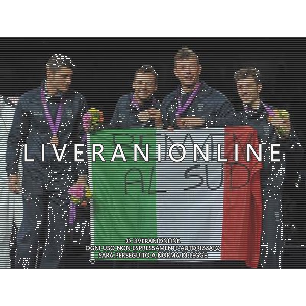 Londra, 03/08/2012. Olimpiadi London 2012. Scherma. L\' Italia battendo la russia vince la medaglia di Bronzo nella sciabola a squadre con Aldo Montano, Diego Occhiuzzi, Luigi Tarantino Luigi Samele. Foto di Simone Ferraro / GMT AG ALDO LIVERANI S A S 