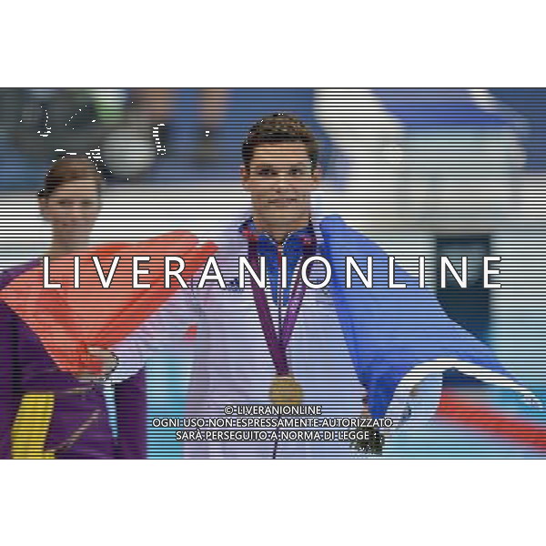 (120803) -- LONDON, Aug. 3, 2012 () -- Florent Manaudou of France celebrates after the awarding ceremony of men¡¯s 50m freestyle of swimming competition, at London 2012 Olympic Games in London, Britain, August 3, 2012. Florent Manaudou of France won gold medal with 21.34.(/Liu Dawei) (zgp) ©PHOTOSHOT/Agenzia Aldo Liverani Sas - ITALY ONLY - GIOCHI OLIMPICI, OLIMPIADI LONDRA 2012
