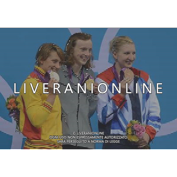 (120803) -- LONDON, Aug. 3, 2012 () -- Gold medalist Katie Ledecky (C) of U.S., silver medalist Mireia Belmonte Garcia (L) of Spain, bronze medalist Rebecca Adlington of Britain pose at awarding ceremony of women¡¯s 800m freestyle of swimming, at London 2012 Olympic Games in London, Britain, August 3, 2012. (/Yang Lei) (zgp) ©PHOTOSHOT/Agenzia Aldo Liverani Sas - ITALY ONLY - GIOCHI OLIMPICI, OLIMPIADI LONDRA 2012