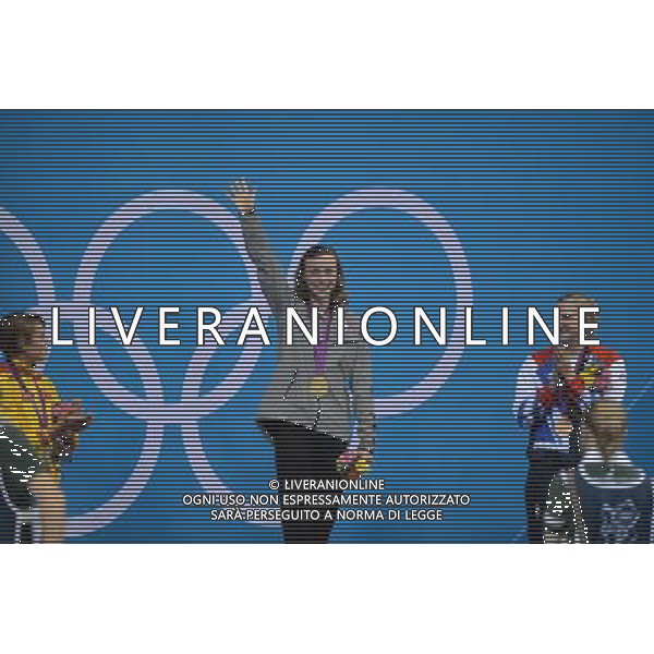 (120803) -- LONDON, Aug. 3, 2012 () -- Gold medalist Katie Ledecky (C) of U.S., silver medalist Mireia Belmonte Garcia (L) of Spain, bronze medalist Rebecca Adlington of Britain attends awarding ceremony of women¡¯s 800m freestyle of swimming, at London 2012 Olympic Games in London, Britain, August 3, 2012. (/Yang Lei) (zgp) ©PHOTOSHOT/Agenzia Aldo Liverani Sas - ITALY ONLY - GIOCHI OLIMPICI, OLIMPIADI LONDRA 2012