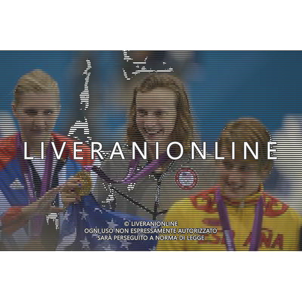 (120803) -- LONDON, Aug. 3, 2012 () -- Gold medalist Katie Ledecky (C) of U.S., silver medalist Mireia Belmonte Garcia (R) of Spain, bronze medalist Rebecca Adlington of Britain pose at awarding ceremony of women¡¯s 800m freestyle of swimming, at London 2012 Olympic Games in London, Britain, August 3, 2012. (/Yang Lei) (zgp) ©PHOTOSHOT/Agenzia Aldo Liverani Sas - ITALY ONLY - GIOCHI OLIMPICI, OLIMPIADI LONDRA 2012