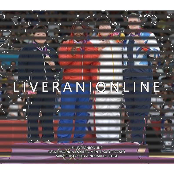 (120803) -- LONDON, Aug. 3, 2012 () -- Gold medalist Idalys Ortiz of Cuba (2nd L), silver medalist Mika Sugimoto of Japan (1st L) and bronze medalists Tong Wen of China (3rd L) and Karina Bryant of Britain pose during victory ceremony of women\'s Judo +78kg competition, at London 2012 Olympic Games in London, Britain, on August 3, 2012. (/Wu Xiaoling) (nxl) ©PHOTOSHOT/Agenzia Aldo Liverani Sas - ITALY ONLY - GIOCHI OLIMPICI, OLIMPIADI LONDRA 2012