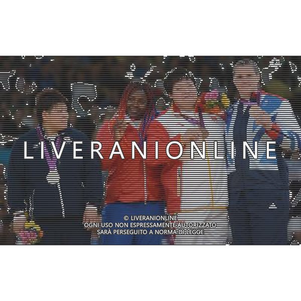 (120803) -- LONDON, Aug. 3, 2012 () -- Gold medalist Idalys Ortiz of Cuba (2nd L), silver medalist Mika Sugimoto of Japan (1st L) and bronze medalists Tong Wen of China (3rd L) and Karina Bryant of Britain pose during victory ceremony of women\'s Judo +78kg competition, at London 2012 Olympic Games in London, Britain, on August 3, 2012. (/Wu Xiaoling) (nxl) ©PHOTOSHOT/Agenzia Aldo Liverani Sas - ITALY ONLY - GIOCHI OLIMPICI, OLIMPIADI LONDRA 2012