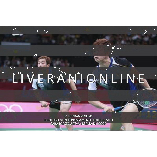 (120804) -- LONDON, Aug. 4, 2012 () -- Chung Jae Sung/Lee Yong Dae (R) of South Korea compete during men\'s doubles semifinal of badminton against Mathias Boe/Carsten Mogensen of Denmark, at London 2012 Olympic Games in London, Britain, August 4, 2012. Mathias Boe/Carsten Mogensen won the match 2-1. (/Ren Zhenglai) (zgp) ©PHOTOSHOT/Agenzia Aldo Liverani Sas - ITALY ONLY - GIOCHI OLIMPICI, OLIMPIADI LONDRA 2012