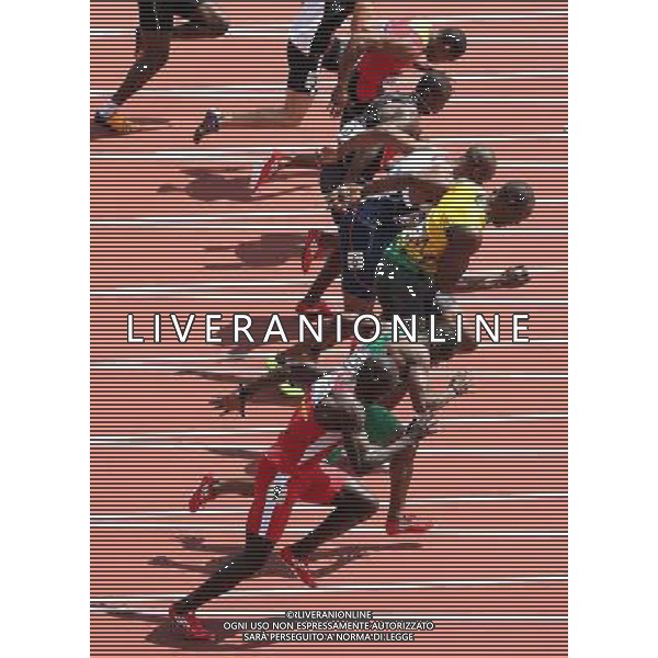 (120804) -- LONDON, Aug. 4, 2012 () -- Usain Bolt (3rd from the bottom) of Jamaica runs during the men\'s 100m round 1 heats at London 2012 Olympic Games, London, Britain, Aug. 4, 2012. Usain Bolt was qualified for the semifinal with a time of 10.09 seconds. (/Li Ming) ©PHOTOSHOT/Agenzia Aldo Liverani Sas - ITALY ONLY - GIOCHI OLIMPICI, OLIMPIADI LONDRA 2012