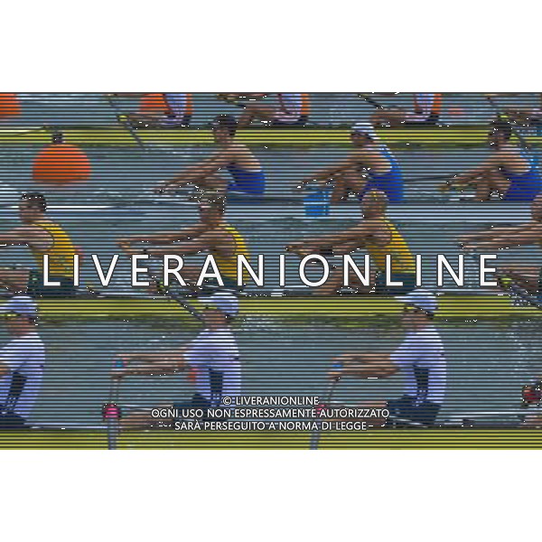 (120804) -- LONDON, Aug. 4, 2012 () -- Members of the Australian team (in yellow) and the American team (in white) compete during men\'s four final contest of rowing event, at London 2012 Olympic Games in London, Britain, on August 4, 2012. The Australian team won silver medal and the American team won bronze medal. (/Qi Heng) (nxl) ©PHOTOSHOT/Agenzia Aldo Liverani Sas - ITALY ONLY - GIOCHI OLIMPICI, OLIMPIADI LONDRA 2012