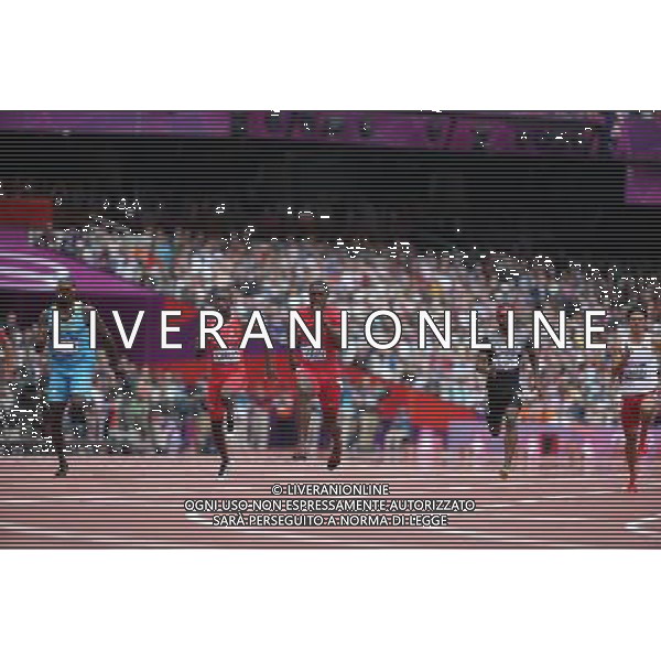 (120804) -- LONDON, Aug. 4, 2012 () -- (L to R) Derrick Atkins of Bahamas, Rondel Sorrillo of Trinidad and Tobago, Justin Gatlin of the United States£ÂBarakat Mubarak al-Harthi of Oman, and Fernando Lumain of India compete during the men\'s 100m round 1 heats at London 2012 Olympic Games, London, Britain, Aug. 4, 2012. (/Liao Yujie) ©PHOTOSHOT/Agenzia Aldo Liverani Sas - ITALY ONLY - GIOCHI OLIMPICI, OLIMPIADI LONDRA 2012