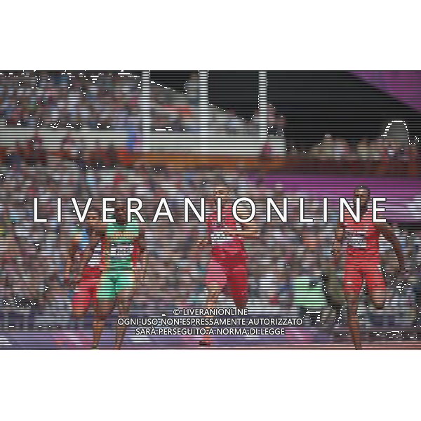 (120804) -- LONDON, Aug. 4, 2012 () -- (R to L) Richard Thompson of Trinidad and Tobago, Tyson Gay of the United States, Gerald Phiri of Zambia and Isidro Montoya of Colombia compete during the men\'s 100m round 1 heats at London 2012 Olympic Games, London, Britain, Aug. 4, 2012. (/Liao Yujie) ©PHOTOSHOT/Agenzia Aldo Liverani Sas - ITALY ONLY - GIOCHI OLIMPICI, OLIMPIADI LONDRA 2012