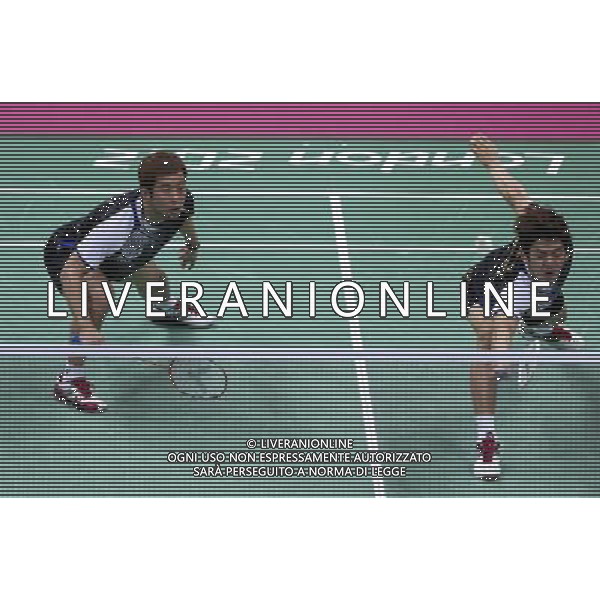 (120804) -- LONDON, Aug. 4, 2012 () -- Chung Jae Sung/Lee Yong Dae of South Korea compete during men\'s doubles semifinal of badminton against Mathias Boe/Carsten Mogensen of Denmark, at London 2012 Olympic Games in London, Britain, August 4, 2012. Mathias Boe/Carsten Mogensen won the match 2-1. (/Tang Shi) (zgp) ©PHOTOSHOT/Agenzia Aldo Liverani Sas - ITALY ONLY - GIOCHI OLIMPICI, OLIMPIADI LONDRA 2012