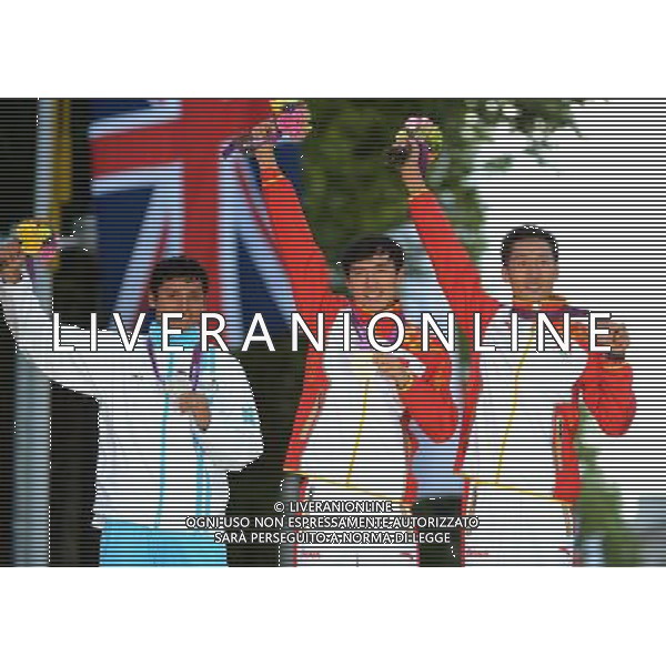 (120804) -- LONDON, Aug. 4, 2012 () -- Gold medalist Chen Ding of China (C), silver medalist Erick Barrondo of Quatemala (L) and bronze medalist Wang Zhen of China pose during victory ceremony of men\'s 20km race walk contest, at London 2012 Olympic Games in London, Britain, on August 4, 2012. (/Guo Yong) (nxl) ©PHOTOSHOT/Agenzia Aldo Liverani Sas - ITALY ONLY - GIOCHI OLIMPICI, OLIMPIADI LONDRA 2012