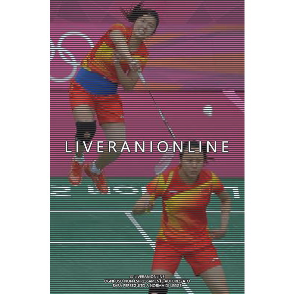 (120804) -- LONDON, Aug. 4, 2012 () -- China\'s Zhao Yunlei (R)/Tian Qing compete during women\'s badminton doubles against Mizuki Fuji/Reika Kakiiwa of Japan, at London 2012 Olympic Games in London, Britain, August 4, 2012. China\'s Zhao Yunlei/Tian Qing won the match 2-0 and claimed the title in this event. (/Chen Xiaowei) (zgp) ©PHOTOSHOT/Agenzia Aldo Liverani Sas - ITALY ONLY - GIOCHI OLIMPICI, OLIMPIADI LONDRA 2012