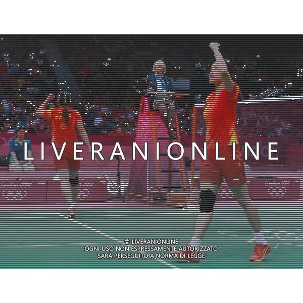 (120804) -- LONDON, Aug. 4, 2012 () -- China\'s Zhao Yunlei (R)/Tian Qing celebrate during women\'s badminton doubles against Mizuki Fuji/Reika Kakiiwa of Japan, at London 2012 Olympic Games in London, Britain, August 4, 2012. China\'s Zhao Yunlei/Tian Qing won the match 2-0 and claimed the title in this event. (/Ren Zhenglai) (zgp) ©PHOTOSHOT/Agenzia Aldo Liverani Sas - ITALY ONLY - GIOCHI OLIMPICI, OLIMPIADI LONDRA 2012