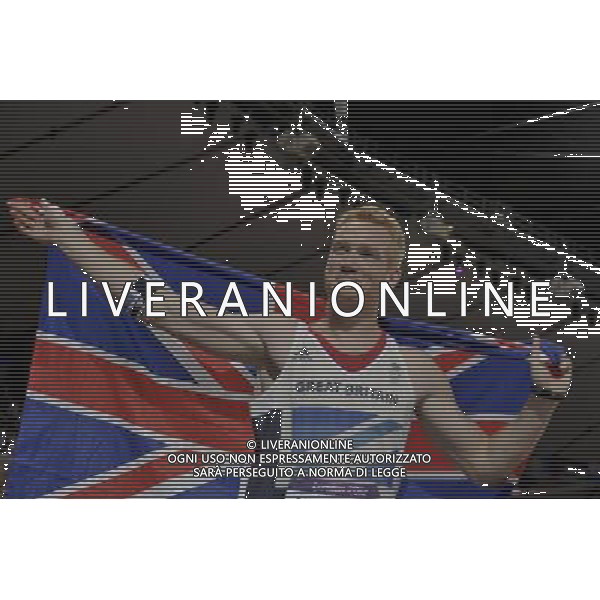 Greg Rutherford of Great Britain celebrated his gold medal performance in the men\'s long jump final at Olympic Stadium during the 2012 Summer Olympic Games in London, England, Saturday, August 4, 2012. /PHOTOSHOT/AG ALDO LIVERANI SAS - ITALY ONLY -