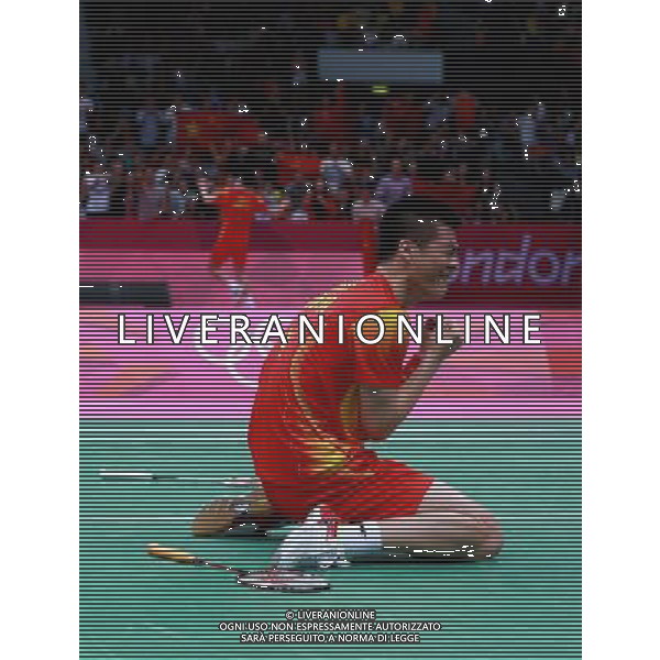 (120805) -- LONDON, Aug. 5, 2012 () -- China\'s Fu Haifeng celebrates after winning men\'s badminton doubles gold medal match against Mathias Boe/Carsten Mogensen of Denmark, at London 2012 Olympic Games in London, Britain, August 5, 2012. - China\'s Fu Haifeng/Cai Yun won the match 2-0 and won gold medal. (/Ren Zhenglai) (zgp) /PHOTOSHOT/AG ALDO LIVERANI SAS - ITALY ONLY -