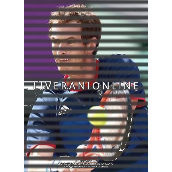 (120805) -- LONDON, Aug. 5, 2012 () -- Andy Murray of Britain returns the ball during men\'s singles gold medal match of tennis against Roger Federer of Switzerland, at London 2012 Olympic Games in London, Britain, on August 5, 2012. Andy Murray won the match 3-0 and won gold medal. (/Chen Jianli) (zgp) /PHOTOSHOT/AG ALDO LIVERANI SAS - ITALY ONLY -
