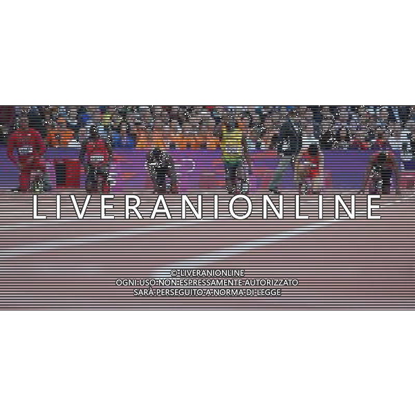 (120805) -- LONDON, Aug. 5, 2012 () -- Usain Bolt of Jamaica (C) is pictured before competing in men\'s 100m semifinal 2 contest, at London 2012 Olympic Games in London, Britain, on August 5, 2012. (/Liao Yujie) (nxl) /PHOTOSHOT/AG ALDO LIVERANI SAS - ITALY ONLY -
