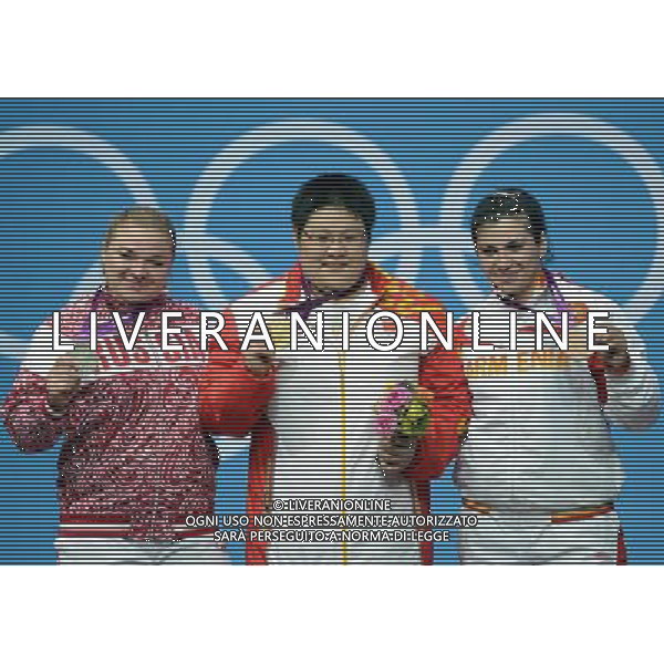 (120805) -- LONDON, Aug. 5, 2012 () -- Gold medalist Zhou Lulu (C) of China, silver medalist Tatiana Kashirina (L) of Russia, and bronze medalist Hripsime Khurshudyan of Armenia pose at awarding ceremony of women\'s +75kg weightlifting competition, at London 2012 Olympic Games in London, Britain, on August 5, 2012. Zhou Lulu claimed title in this event and set a new world record with 333 kg in total. (/Yang Zongyou) (zgp) /PHOTOSHOT/AG ALDO LIVERANI SAS - ITALY ONLY -