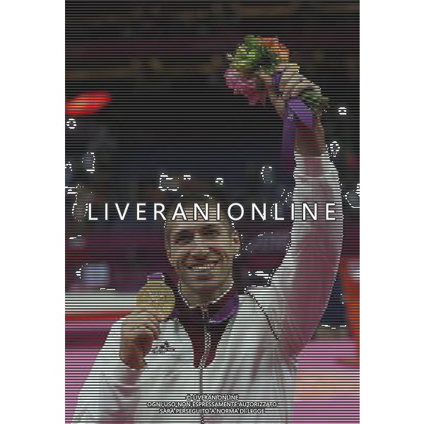 (120805) -- LONDON, Aug. 5, 2012 () -- Gold medalist Krisztian Berki of Hungary attends victory ceremony of men\'s pommel horse contest of Gymnastics Artistic event, at London 2012 Olympic Games in London, Britain, on August 5, 2012. (/Shen Bohan) (nxl) /PHOTOSHOT/AG ALDO LIVERANI SAS - ITALY ONLY -