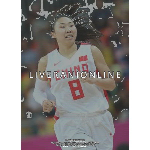 (120805) -- LONDON, Aug. 5, 2012 () -- Miao Lijie of China acts during the basketball women\'s preliminary round Group A match against the United States at London 2012 Olympic Games, London, Britain, Aug. 5, 2012. The United States won the match 114-66. (/Meng Yongmin) /PHOTOSHOT/AG ALDO LIVERANI SAS - ITALY ONLY -