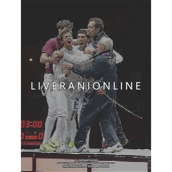 Londra, 05/08/2012. Olimpiadi London 2012. Scherma. Andrea CassarÌÊ, Valerio Aspromonte, Andrea Baldini e Giorgio Avola vincono la medaglia d\' Oro nel Fioretto a Squadre battendo il Giappone per 45-39. Foto di Ferdinando Mezzelani / GMT /AGENZIA ALDO LIVERANI SAS