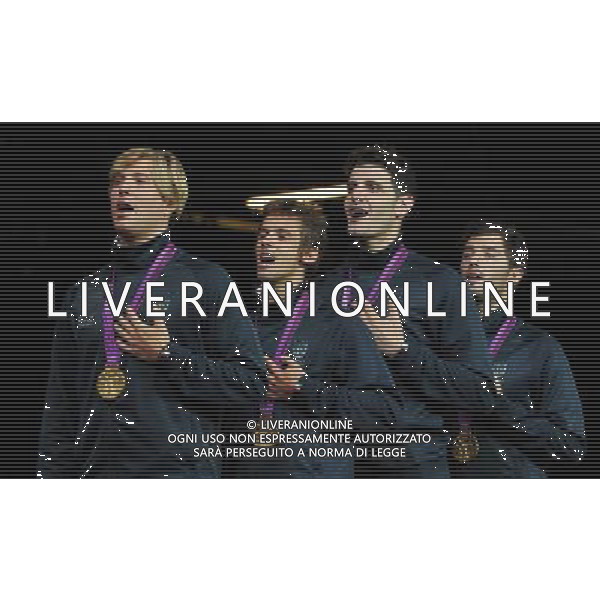 Londra, 05/08/2012. Olimpiadi London 2012. Scherma. Andrea CassarÌÊ, Valerio Aspromonte, Andrea Baldini e Giorgio Avola vincono la medaglia d\' Oro nel Fioretto a Squadre battendo il Giappone per 45-39. Foto di Simone Ferraro / GMT /AGENZIA ALDO LIVERANI SAS