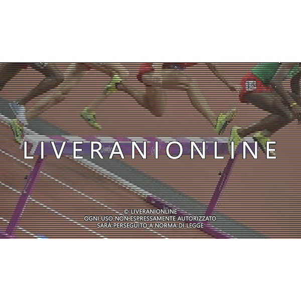 Athletes clearing the barrier during the men\'s 3000m steeplechase final. Olympic Stadium, Olympic Park, Stratford. London AG ALDO LIVERANI S A S ONLY ITALY