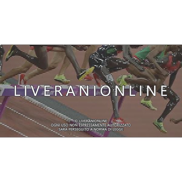 Athletes clearing the barrier during the men\'s 3000m steeplechase final. Olympic Stadium, Olympic Park, Stratford. London AG ALDO LIVERANI S A S ONLY ITALY