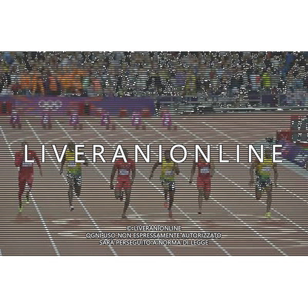 Men\'s 100m final L to R- Ryan Bailey (USA), Usain Bolt (Jamaica), Justin Gatlin (USA), Yohan Blake (Jamaica), Tyson Gay (USA), Asafa Powell (Jamaica). Olympic Stadium, Olympic Park, Stratford. London AG ALDO LIVERANI S A S ONLY ITALY