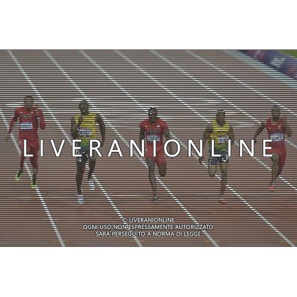 Men\'s 100m final, L to R-Ryan Bailey (USA), Usain Bolt (Jamaica), Justin Gatlin (USA), Yohan Blake (Jamaica), Tyson Gay (USA.. Olympic Stadium, Olympic Park, Stratford. London AG ALDO LIVERANI S A S ONLY ITALY