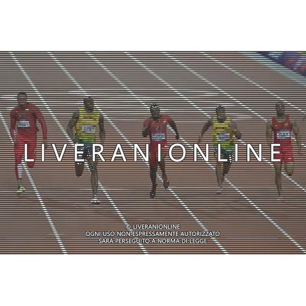 Men\'s 100m final, L to R-Ryan Bailey (USA), Usain Bolt (Jamaica), Justin Gatlin (USA), Yohan Blake (Jamaica), Tyson Gay (USA.. Olympic Stadium, Olympic Park, Stratford. London AG ALDO LIVERANI S A S ONLY ITALY