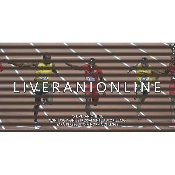 Men\'s 100m final, L to R- Usain Bolt (Jamaica), Justin Gatlin (USA), Yohan Blake (Jamaica). Olympic Stadium, Olympic Park, Stratford. London AG ALDO LIVERANI S A S ONLY ITALY