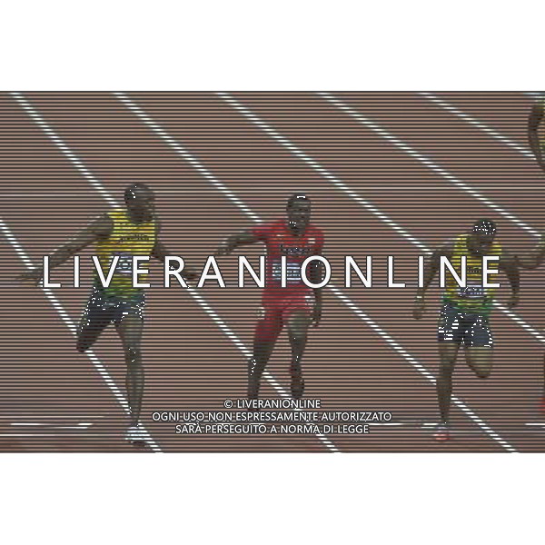 Men\'s 100m final, L to R- Usain Bolt (Jamaica), Justin Gatlin (USA), Yohan Blake (Jamaica). Olympic Stadium, Olympic Park, Stratford. London AG ALDO LIVERANI S A S ONLY ITALY