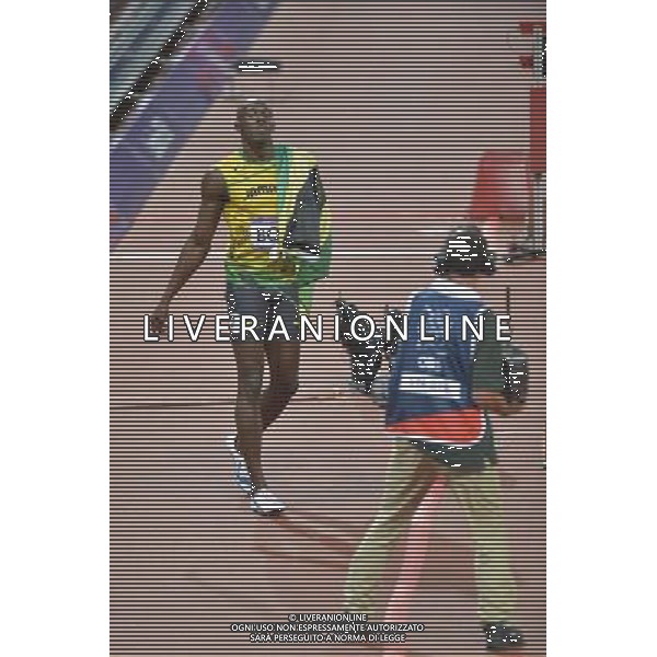 Usain Bolt Jamaica winner of the men\'s 100m final celebrates . Olympic Stadium, Olympic Park, Stratford. London AG ALDO LIVERANI S A S ONLY ITALY