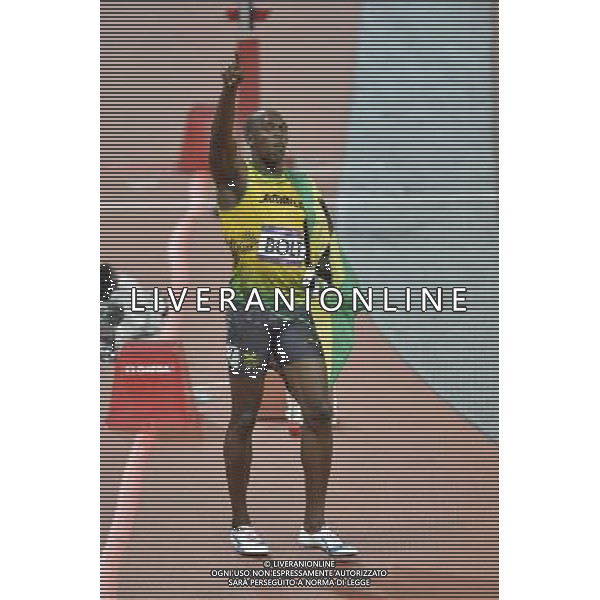 Usain Bolt Jamaica winner of the men\'s 100m final celebrates . Olympic Stadium, Olympic Park, Stratford. London AG ALDO LIVERANI S A S ONLY ITALY