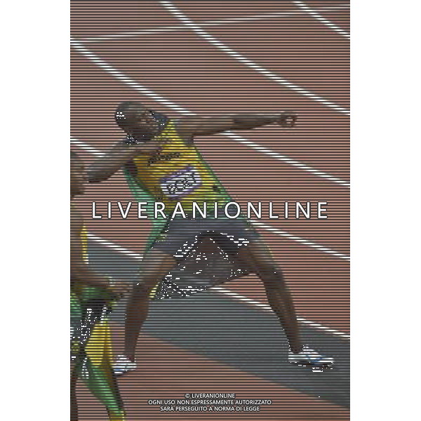 Usain Bolt Jamaica winner of the men\'s 100m final celebrates . Olympic Stadium, Olympic Park, Stratford. London AG ALDO LIVERANI S A S ONLY ITALY
