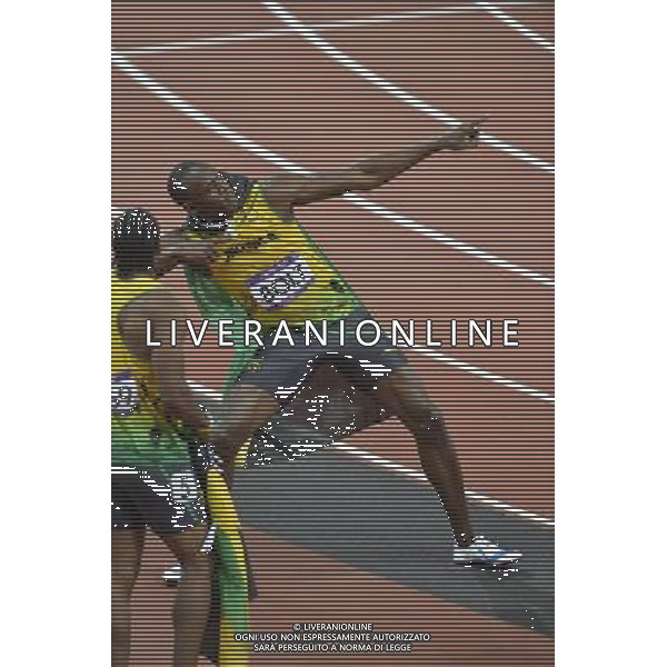 Usain Bolt Jamaica winner of the men\'s 100m final celebrates . Olympic Stadium, Olympic Park, Stratford. London AG ALDO LIVERANI S A S ONLY ITALY